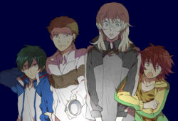 Rule 34 | 4boys, :o, animal print, arm behind head, arm hug, bad id, bad pixiv id, blonde hair, blue background, blue eyes, bored, brown eyes, brown hair, clenched hand, collared shirt, cowlick, cross scar, echizen ryooma, facing viewer, flashlight, fuji yuuta, grabbing another&#039;s arm, green hair, hair between eyes, handsome588, height difference, high collar, holding, holding flashlight, jacket, light frown, liliadent krauser, long sleeves, looking down, looking to the side, male focus, medium hair, multicolored jacket, multiple boys, narrowed eyes, nervous, open mouth, parted lips, raised eyebrows, red hair, scar, scar on face, scar on forehead, shirt, short eyebrows, short hair, side-by-side, simple background, sportswear, sweatdrop, tennis no ouji-sama, tennis uniform, tooyama kintarou, track jacket, two-tone jacket, underlighting, upper body, v-shaped eyebrows, very short hair, wide-eyed, wispy bangs