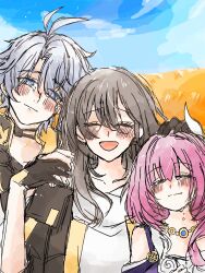 Rule 34 | 1boy, 2girls, ahoge, amnn yn3, black gloves, black jacket, blue eyes, blue sky, blush, commentary request, cyrene (honkai: star rail), dress, gloves, grey hair, hair ornament, hand on another&#039;s head, hand on another&#039;s shoulder, highres, honkai: star rail, honkai (series), jacket, jewelry, medium hair, multicolored hair, multiple girls, necklace, phainon (honkai: star rail), pink hair, shirt, short hair, sky, stelle (honkai: star rail), trailblazer (honkai: star rail), two-tone hair, wheat field, white dress, white hair, white shirt
