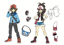 10s 1boy 1girl 2024_pokemon_teraleak absurdres aurea_juniper brown_eyes brown_hair concept_art denim denim_shorts full_body hand_in_pocket high_ponytail highres hilbert_(pokemon) hilda_(pokemon) long_hair multicolored_hair multiple_views nintendo official_art pants poke_ball_print pokemon pokemon_bw ponytail production_art reference_sheet scan shaded_face short_hair short_shorts shorts smile sugimori_ken translation_request vest white_background wide_hips