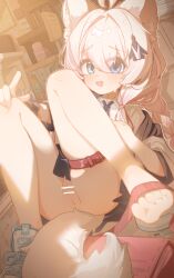 1girl animal_ears bar_censor blue_eyes braid censored cleft_of_venus fox_ears fox_girl fox_tail glyphsss heterochromia highres loli long_hair no_panties original pussy shoes solo tail thigh_strap toes