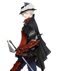 Rule 34 | 1boy, aquacrown000, belt, blue eyes, cape, commentary request, fantasy earth zero, fencer (fantasy earth zero), foil (fencing), from side, gauntlets, gloves, hat, hat feather, highres, holding, holding sword, holding weapon, leg armor, looking back, male focus, parted lips, short hair, smile, solo, sword, weapon, white hair