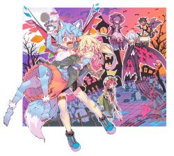 6+girls :&lt; :d =_= ^^^ ^_^ absurdres ahoge alternate_hair_color alternate_hair_length alternate_hairstyle alternate_headwear animal_costume animal_ears arm_up bandages bandaid bandaid_on_face bandaid_on_leg bandaid_on_nose bat_(animal) bat_wings blonde_hair blue_eyes blue_hair boots braid broken broom broom_riding brown_hair butler cake cape capelet carrying cat china_dress chinese_clothes clock clock_tower closed_eyes cloud collar colored_eyelashes colorful commentary crying dress elbow_gloves embarrassed eyelashes fang fangs female_butler fence fingernails flandre_scarlet food full_body full_moon gloves gradient_background gradient_hair graveyard green_dress green_hair grey_hair grin halloween hat head_wings highres hong_meiling izayoi_sakuya jack-o&#039;-lantern kemonomimi_mode knife koakuma laevatein_(touhou) long_fingernails looking_at_viewer moon morino_hon multicolored_hair multiple_girls mummy_costume nail_polish night no_headwear open_mouth outdoors pants patchouli_knowledge pointy_ears pumpkin purple_dress purple_hair red_hair remilia_scarlet scarlet_devil_mansion shoes short_hair side_ponytail sky smile standing star_(symbol) stitches streaming_tears striped_clothes striped_dress symbol-only_commentary tail tears thighhighs touhou tower tray tree twin_braids vampire_costume vest wavy_mouth wings witch_hat wolf_costume wolf_ears wolf_tail