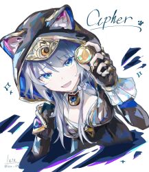 1girl :d absurdres animal_ears aqua_eyes cat_ears character_name cipher_(honkai:_star_rail) coin grey_hair highres holding holding_coin honkai:_star_rail honkai_(series) hood long_hair long_sleeves looking_at_viewer luta_(luta_1013) open_mouth simple_background smile solo upper_body white_background
