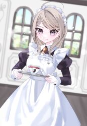 1girl ahoge akamatsu_kaede apron black_dress closed_mouth collared_dress cup danganronpa_(series) danganronpa_v3:_killing_harmony dress fortissimo hair_ornament hanahusa highres indoors juliet_sleeves long_hair long_sleeves maid maid_apron maid_headdress monokuma musical_note musical_note_hair_ornament necktie orange_necktie pink_eyes puffy_sleeves smile tea white_apron window