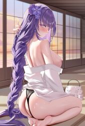 1girl absurdres arm_up ass back bare_shoulders barefoot black_panties blush braid braided_ponytail breasts clothes_pull clothing_aside cup flower from_behind full_body genshin_impact hair_flower hair_ornament highres kneeling kururu_(qqqqq59508750) large_breasts long_hair looking_back mole mole_under_eye nipples off_shoulder panties panties_aside ponytail purple_eyes purple_flower raiden_shogun seiza shirt shirt_pull sitting solo sweat teacup teapot thighs underwear very_long_hair white_shirt window