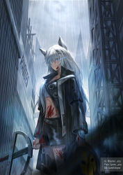 1girl absurdres animal_ears arknights artist_name bandeau bare_legs black_coat black_shorts blood blood_on_clothes blood_on_face bloody_weapon breasts city coat commentary cowboy_shot death glowing glowing_eye grey_eyes grin hair_between_eyes hair_ornament highres holding holding_sword holding_weapon lappland_(arknights) long_hair looking_at_viewer lumin_aria material_growth medium_breasts midriff open_clothes open_coat oripathy_lesion_(arknights) outdoors rain reunion_soldier_(arknights) revision scar scar_across_eye scar_on_face short_shorts shorts smile solo_focus strapless sword thighs tube_top weapon white_hair wolf_ears