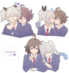 5girls absurdres ahoge black_hair black_ribbon blazer blue_eyes blue_jacket bronya_zaychik bronya_zaychik_(haxxor_bunny) closed_eyes collared_shirt colored_inner_hair commentary drill_hair english_text grey_hair hair_ribbon hand_on_another&#039;s_face heart highres honkai:_star_rail honkai_(series) honkai_impact_3rd hug jacket multicolored_hair multiple_girls necktie prjctbnny red_eyes red_hair red_necktie ribbon school_uniform seele_(alter_ego) seele_vollerei shirt silver_wolf_(honkai:_star_rail) single_drill symbol-only_commentary twin_drills twintails two-tone_hair white_shirt