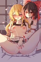2girls absurdres apron black_vest blonde_hair blush bow braid breasts brown_hair clothes_lift commentary_request detached_sleeves female_orgasm fingering frilled_apron frilled_bow frilled_hair_tubes frilled_skirt frills front-to-back futon hair_tubes hakurei_reimu heart heavy_breathing highres kirisame_marisa long_hair medium_breasts multiple_girls open_mouth orgasm puffy_short_sleeves puffy_sleeves pussy pussy_juice reach-around red_bow red_eyes shen_bi_ren_(user_rjgy2824) shirt_lift short_sleeves shouji side_braid single_braid skirt sliding_doors smile sweatdrop tongue tongue_out topless_female touhou turtleneck twitching vest yellow_eyes yuri
