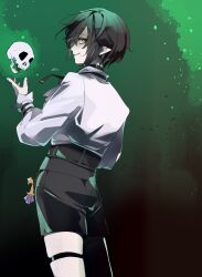 Rule 34 | 1boy, black bow, black bowtie, black hair, black shorts, bow, bowtie, collared shirt, commentary request, cowboy shot, datenshi no fu, despair god morroc, from behind, green background, grin, hair over one eye, highres, long sleeves, looking at viewer, looking back, male focus, pointy ears, ragnarok masters, ragnarok online, shirt, short hair, shorts, skull, smile, solo, thigh strap, white shirt, yellow eyes
