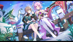 1girl 2girls absurdres bare_shoulders blush bow-shaped_hair closed_mouth detached_sleeves dress food forehead_jewel fu_xuan_(honkai:_star_rail) geez hair_ornament hair_rings hair_stick highres holding_hands honkai:_star_rail honkai_(series) ice_cream leggings long_hair multiple_girls outdoors pantyhose parted_bangs pink_hair purple_rope qingque_(honkai:_star_rail) rope sitting soles tassel tassel_hair_ornament twintails white_leggings white_pantyhose yellow_eyes