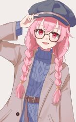 1girl adjusting_clothes adjusting_headwear belt braid coat commentary_request glasses hair_ribbon hand_on_headwear hat highres long_hair long_sleeves looking_at_viewer momoi_airi open_mouth pink_hair project_sekai red_eyes ribbon smile solo sweater tatsuroumaru twin_braids