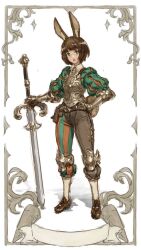 Rule 34 | 1girl, :o, animal ear fluff, animal ears, armor, banner, blunt bangs, bob cut, border, brown hair, brown pants, brown shoes, check clothing, clothing request, commentary, english commentary, full body, gauntlets, green eyes, green pants, green sleeves, hand on own hip, highres, holding, holding sword, holding weapon, knee guards, landsknecht, looking to the side, mismatched pants, nrcgray, open mouth, orange pants, orange sleeves, original, pants, planted, planted sword, planted weapon, plate armor, puff and slash sleeves, puffy short sleeves, puffy sleeves, rabbit ears, rabbit girl, rabbit tail, shoes, short hair, short sleeves, simple background, sketch, socks, solo, striped clothes, striped pants, sword, tail, three quarter view, vertical-striped clothes, vertical-striped pants, weapon, white background, white socks, zweihander