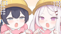 black_hair blue_archive double_bun grey_eyes hair_bun hat highres hina_(blue_archive) kindergarten_uniform kisaki_(blue_archive) kisaki_(kindergarten_uniform)_(blue_archive) long_hair nipruku open_mouth purple_eyes white_hair