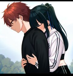 Rule 34 | 1boy, 1girl, black hair, black pants, black shirt, blue ribbon, blunt bangs, blush, character request, closed eyes, closed mouth, commentary request, cowboy shot, crack lack good luck, cropped jacket, day, from side, hair ribbon, highres, hisui ren, hug, hug from behind, jacket, leaning forward, light smile, long hair, long sleeves, looking down, midriff, orange eyes, orange hair, original, outdoors, pants, profile, ribbon, shirt, short hair, sidelocks, spiked hair, tft (tft7822), track pants, twintails, white jacket