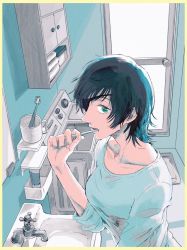 1girl black_hair blue_shirt blue_theme border breasts brushing_teeth cabinet chainsaw_man collarbone cup door doorknob eyebrows eyelashes eyepatch faucet female_focus fingernails green_eyes hair_between_eyes highres himeno_(chainsaw_man) long_sleeves looking_at_viewer mirror mug one_eye_covered pale_skin shirt short_hair sink sleeves_rolled_up solo standing toothbrush towel washing_machine yellow_border yoka_ya