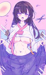 1girl absurdres alternate_costume blush breasts brown_eyes brown_hair commentary_request covered_collarbone cowboy_shot crop_top drone earrings goddess_of_victory:_nikke hanbok highres holding jewelry korean_clothes korean_commentary large_breasts long_hair long_sleeves looking_at_viewer marciana_(nikke) mechafrshrimp navel navel_piercing open_mouth piercing shirt sidelocks solo sparkle spoken_blush standing stomach sweat teeth underboob upper_teeth_only wet wet_clothes wet_shirt