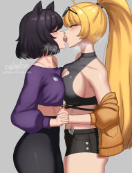 2girls ahoge alternate_costume animal_ears artist_name bare_shoulders black_hair blake_belladonna blonde_hair blush breast_press breasts camisole cat_ears cleavage cleavage_cutout clothing_cutout crop_top cslucaris eyewear_on_head french_kiss high_ponytail highres interlocked_fingers jacket kiss large_breasts long_hair medium_breasts midriff multiple_girls off-shoulder_shirt off_shoulder pants ponytail purple_eyes rwby saliva shirt short_hair short_shorts shorts sideboob sunglasses symmetrical_docking tongue tongue_out yang_xiao_long yellow_eyes yellow_jacket yoga_pants yuri