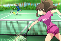 1boy 1girl antenna_hair ball baseball_cap blue_eyes blue_shirt brown_hair commission hat hilbert_(pokemon) hilda_(pokemon) holding_tennis_racket motion_lines nintendo outdoors pink_shirt pink_shorts pokemon pokemon_bw shirt shorts shorts_under_shorts tennis tennis_ball tennis_court twitter_username wia_vi