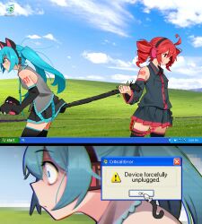 2girls absurdres ahoge anal_beads anal_tail animal_ears animal_hands aqua_eyes aqua_hair black_gloves black_skirt black_sleeves black_thighhighs bliss_(image) blue_sky breast_pocket butt_plug cat_ears cat_tail darkseid_pulling_superman&#039;s_cape_(meme) dc_comics detached_sleeves drill_hair elbow_gloves english_text error_message fake_animal_ears fake_tail gloves hatsune_miku headphones highres kasane_teto khyle. long_hair meme microsoft_windows multiple_girls paw_gloves pleated_skirt pocket recycle_bin red_eyes red_hair scene_reference skirt sky superman/batman:_apocalypse tail thighhighs twin_drills utau vocaloid windows_xp