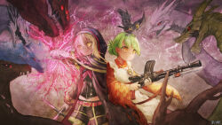 1boy 1girl apron bayonet belt bird blonde_hair clenched_hand copyright_name crow dairoku_ryouhei dark-skinned_female dark_skin dragon electricity energy_sword gloves green_hair gun hair_bun highres hikita_kikuzuki holding japanese_clothes jewelry kimono lightsaber magic necklace outdoors red_eyes short_hair smile standing sword usaleek weapon white_gloves yagasuri yellow_eyes yusto_cayenne