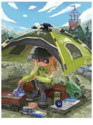 1girl black_boots black_leggings blue_eyes boots border cabbie_hat can canned_food closed_mouth commentary_request cooking cup full_body green_hat green_jacket green_skirt grilling hat highres inkling inkling_girl inkling_player_character jacket lace-up_boots leggings long_hair long_sleeves mug nintendo orange_hair outdoors pointy_ears r6aru sitting sitting_on_log skirt solo splatoon_(series) super_sea_snail tenta_brella_(splatoon) tentacle_hair white_border