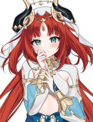 1girl armpit_crease bad_id bad_twitter_id blush bracer breasts closed_mouth clothing_cutout crop_top forehead_jewel genshin_impact gold_trim green_eyes hands_up harem_outfit highres horns long_hair long_sleeves looking_at_viewer medium_breasts nilou_(genshin_impact) parted_bangs pn_(wnsl216) red_hair simple_background smile solo upper_body vambraces veil white_background white_headdress white_veil