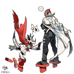 Rule 34 | ..., 1boy, black bodysuit, bodysuit, coat, coat on shoulders, covered eyes, digimon, digimon (creature), dragon, from behind, gankoomon, geta, hackmon (digimon), highres, male focus, p!k@ru, red hair, short hair, simple background, speech bubble, white background, white coat, yellow eyes