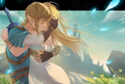 Rule 34 | 1boy, 1girl, belt, blonde hair, brown belt, brown gloves, champion&#039;s tunic (zelda), closed mouth, dress, earrings, fingerless gloves, from side, gloves, grass, green shirt, hug, hyrule castle, jewelry, link, long hair, long sleeves, master sword, nintendo, petals, ponytail, princess zelda, seri (yuukasakura), shirt, short sleeves, smile, sword, the legend of zelda, the legend of zelda: breath of the wild, upper body, watermark, weapon, white dress, white shirt