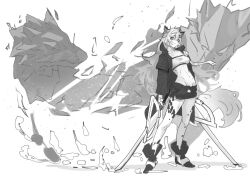1girl arknights belt exocet_(exocet4) groin lappland_(arknights) navel short_shorts shorts sword tagme weapon