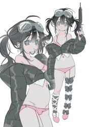 1girl bikini black_hair bow_legwear closed_mouth cropped_jacket down_jacket ear_piercing expressionless flat_chest frilled_socks frills garter_straps goggles goggles_on_head grey_eyes gun highres holding holding_gun holding_weapon iniooooo jacket kneehighs long_hair looking_at_viewer micro_bikini multiple_views navel_piercing off_shoulder original piercing pink_bikini pink_shoes shoes simple_background single_garter_strap single_kneehigh single_sock single_thighhigh socks string_bikini swimsuit thighhighs twintails weapon white_background white_thighhighs