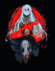 1boy 1girl black_hair blood bloody_tears blue_eyes fate/grand_order fate_(series) hair_between_eyes highres long_hair morgan_le_fay_(fate) morgan_le_fay_(queen_of_winter)_(fate) oberon_(fate) oberon_(third_ascension)_(fate) short_hair spikes ss_un17 very_long_hair white_hair