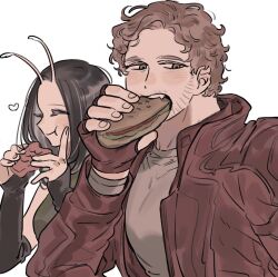 1boy 1girl animification antennae bare_shoulders black_hair blush breasts bridal_gauntlets brother_and_sister brown_eyes brown_hair burger closed_eyes closed_mouth cookie curly_hair eating fang fingerless_gloves fingernails food gloves green_tank_top grey_shirt guardians_of_the_galaxy hand_up heart highres holding holding_burger holding_food jacket lapels long_sleeves looking_at_another mantis_(marvel) marvel marvel_cinematic_universe medium_breasts nahnohk open_clothes open_jacket open_mouth peter_quill red_gloves red_jacket shirt short_hair siblings simple_background smile tank_top teeth upper_body white_background
