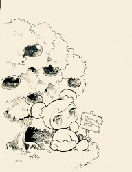 Rule 34 | :o, apple, character request, creature, creature focus, food, fruit, hand on own cheek, hand on own face, highres, light blush, looking at viewer, looking back, nib pen (medium), nintendo, no+bi=, no humans, on grass, pen (medium), photo (medium), pokemon, signpost, sitting, traditional media, tree