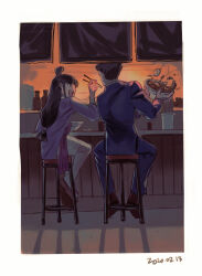 1boy 1girl absurdres ace_attorney bar_stool black_hair food formal_clothes highres japanese_clothes kimono long_hair maya_fey noodles phoenix_wright pon_d purple_kimono ramen spiked_hair stool suit
