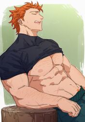 1boy abs absurdres arm_hair arm_rest bara black_shirt chest_hair closed_eyes clothes_lift commentary dutch_angle english_commentary fire_emblem fire_emblem:_three_houses green_pants groin highres hot leaning leaning_back male_focus nintendo nipples open_mouth orange_hair pants pectorals profile satodee shirt shirt_lift short_hair short_sleeves solo sweat sweatdrop sylvain_jose_gautier teeth tree_stump upper_teeth_only wavy_hair