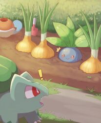 ! :&gt; ^^^ bud bulbasaur bush claws closed_mouth commentary dragon_star213 food gen_1_pokemon grass hiding highres looking_at_another looking_to_the_side nintendo no_humans oddish onion open_mouth path planted planted_shovel pokemon pokemon_(creature) red_eyes road seedling sharp_teeth shovel smile soil squirt_bottle_(pokemon) squirtle sweat teeth vegetable watering_can