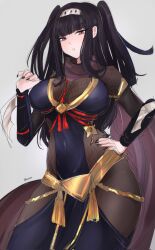 1girl arm_blade black_hair black_scarf blunt_bangs bodystocking breasts cleavage covered_navel fire_emblem fire_emblem_awakening fire_emblem_heroes fishnet_bodystocking fishnet_leotard fishnets headband highres japanese_clothes large_breasts leotard long_hair looking_at_viewer ninja nintendo official_alternate_costume scarf serafineart1001 solo tharja_(fire_emblem) tharja_(ninja)_(fire_emblem) two_side_up weapon