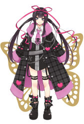 1girl absurdres ankle_boots belt belt_buckle black_belt black_hair black_skirt black_straps blue_eyes blunt_bangs boots brooch buckle buttons chain coat collared_shirt combat_boots full_body fur-trimmed_coat fur_trim gradient_hair hair_ornament hair_ribbon head_tilt heart heart_brooch heart_hair_ornament heart_tattoo high-waist_skirt highres hildegard_(sweet_dreams) jewelry kinoshita_sakura lace-up_boots leather leather_boots leg_belt leg_tattoo long_hair loose_belt makeup mascara miniskirt multicolored_hair necktie pink_lips pink_necktie pink_ribbon plaid_clothes plaid_coat punk purple_hair ribbon sanpaku shirt short_necktie sidelocks skirt skull_and_crossbones skull_print sleeves_past_wrists smile solo strap studded_belt sweet_dreams_(kinoshita_sakura) tattoo thigh_strap twintails two-tone_hair white_shirt