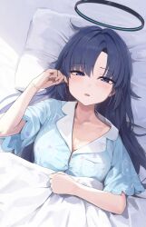 Rule 34 | 1girl, absurdres, black halo, blanket, blue archive, blue eyes, blue hair, blue pajamas, blush, breasts, commentary, halo, highres, long hair, looking at viewer, pajamas, pillow, pocket, sleepy, solo, tem (tempainting1), yuuka (blue archive), yuuka (pajamas) (blue archive)
