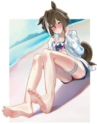 Rule 34 | absurdres, animal ears, barefoot, beach, blue eyes, brown hair, cheval grand (summer calm navy drop) (umamusume), cheval grand (umamusume), closed mouth, highres, horse ears, horse girl, horse tail, liking, looking at viewer, multicolored hair, no shoes, outdoors, smile, soles, swimsuit, tail, toes, two-tone hair, umamusume, white hair