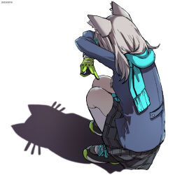 1girl animal_ears aosora2823 black_shoes black_skirt blue_archive blue_jacket blue_scarf cat_shadow_puppet double_v from_side gloves green_gloves grey_hair highres jacket meme plaid_clothes plaid_skirt scarf shadow shiroko_(blue_archive) shoes skirt socks solo squatting v white_socks wolf_ears wolf_girl