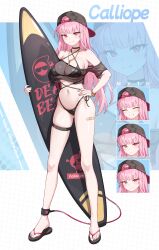 1girl absurdres backwards_hat bandaid bandaid_on_leg baseball_cap black_choker bracelet breasts choker closed_mouth collarbone feet gold_bracelet gold_choker grin hand_on_own_hip hat highres holding holding_surfboard hololive hololive_english jewelry large_breasts long_hair mori_calliope multiple_views navel pink_hair red_eyes sandals smile ssalyun stomach surfboard very_long_hair virtual_youtuber