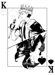 Rule 34 | 2boys, ace (playing card), ace of spades, akutagawa ryuunosuke (bungou stray dogs), alternate costume, black necktie, bungou stray dogs, cape, card, card (medium), collared shirt, crown, dagger, fingerless gloves, from side, fur-trimmed cape, fur trim, gloves, greyscale, hat, highres, holding, holding dagger, holding knife, holding weapon, knife, long sleeves, looking to the side, male focus, monochrome, multiple boys, nakajima atsushi (bungou stray dogs), necktie, nikoeqo, playing card, shirt, short hair, sleeves rolled up, spade (shape), teeth, upper body, upside-down, weapon
