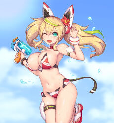 1girl alternate_costume aqua_eyes blonde_hair blue_sky blush breasts day fake_horns flower flower_on_head gene_(pso2) has_a_figure horns large_breasts long_hair navel nidy one_eye_closed phantasy_star phantasy_star_online_2 sandals sky smile swimsuit toes twintails water water_gun wet