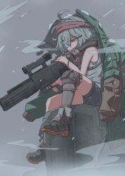 1girl absurdres ahoge aiming assault_rifle bandana black_shorts blue_eyes boots brown_eyes bullpup can caseless_firearm commentary_request drink_can finger_on_trigger full_body g11_(girls&#039;_frontline) girls&#039;_frontline girls&#039;_frontline_2:_exilium green_jacket grey_background grey_hair gun h&amp;k_g11 heterochromia highres holding holding_gun holding_weapon jacket knee_pads lace-up_boots mechty_(girls&#039;_frontline_2) player193 red_bandana rifle scope short_hair short_shorts shorts single_knee_pad sitting soda_can solo weapon