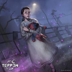1girl bracelet branch brown_hair capcom child dirty dirty_clothes dress fence fog highres jewelry leaf natalia_korda night official_art peperon_(peperou) plant ponytail resident_evil resident_evil:_revelations_2 running stuffed_animal stuffed_toy teddy_bear teppen tree