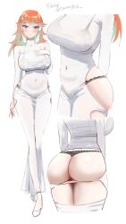 1girl ass ass_cutout black_bra black_panties bra bra_visible_through_clothes breasts clothing_cutout covered_navel dadangge dress earrings feather_earrings feathers hair_ornament highres hip_vent hololive hololive_english jewelry large_breasts orange_hair panties panties_visible_through_clothes purple_eyes see-through_clothes see-through_dress takanashi_kiara thong tight_clothes tight_dress torn_clothes torn_dress turtleneck turtleneck_dress underwear virtual_youtuber white_dress