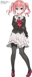 Rule 34 | 1girl, assault lily, black serafuku, blush, breasts, character name, character profile, clenched hand, closed mouth, full body, hair between eyes, hair ornament, highres, kuki nuyuna, long sleeves, looking at viewer, medium hair, nauribon, pink eyes, pleated skirt, purple eyes, red ribbon, ribbon, school uniform, serafuku, simple background, skirt, smile, solo, standing, tachi-e, twintails, white background