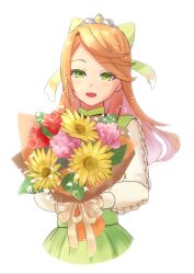 Rule 34 | 1girl, bouquet, bow, etie (fire emblem), fire emblem, fire emblem engage, flower, gem, green bow, green eyes, highres, holding, holding bouquet, hooded top, nintendo, open mouth, orange gemstone, orange hair, rose, shiriusu, sunflower, swept bangs, tiara, upper body