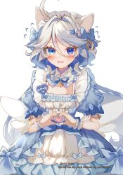 1girl animal_ears blue_dress blue_eyes blue_hair blush cat_ears commentary_request dress flying_sweatdrops furina_(genshin_impact) genshin_impact hair_between_eyes heart heart_hands heart_in_heart_hands heterochromia highres ichiyume_ichiyu kemonomimi_mode looking_at_viewer multicolored_hair open_mouth purple_eyes short_hair short_sleeves simple_background solo sweat twitter_username two-tone_hair upper_body watermark white_background white_hair